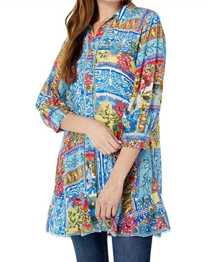 Front of a model wearing a size XL Midsummer Sednea Silk Printed Tunic in Multi in Multi by Johnny Was. | dia_product_style_image_id:334639
